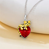 Sterling Silver  Heart Shaped Crystal Tiger Pendant Necklace