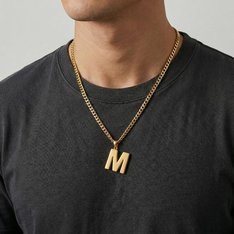 Initial Pendant Necklace 14K Gold Plated with Cuban Chain