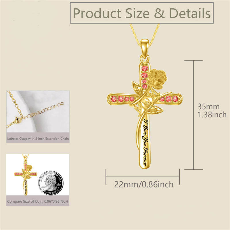 10K 14K 18K Yellow Gold 12 Month Birthstone Rose Flower Pendant Necklace Engraved with I Love You Forever