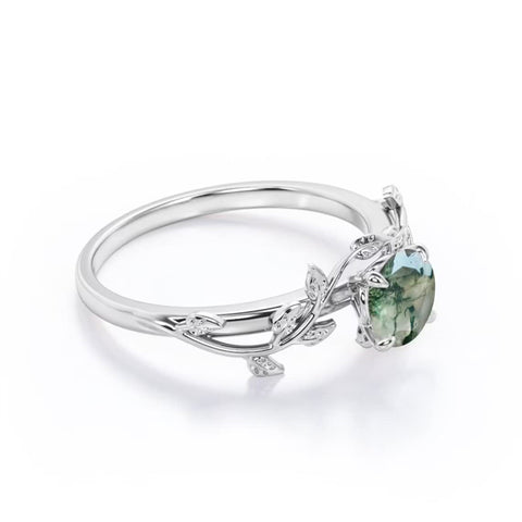 Sterling Silver Natural Green Moss Agate Engagement Ring