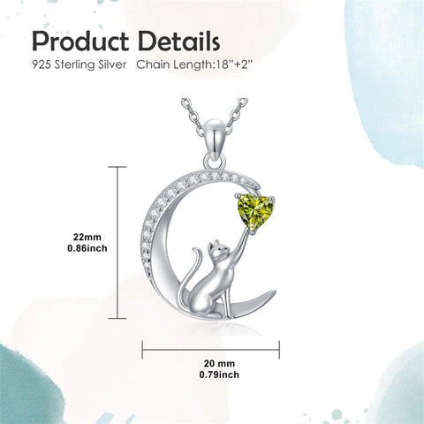 Sterling Silver Heart Birthstone Cat Pendant Necklace