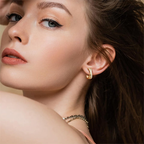 14K Gold Plated Cubic Zirconia X-shaped Huggie Earrings for Women