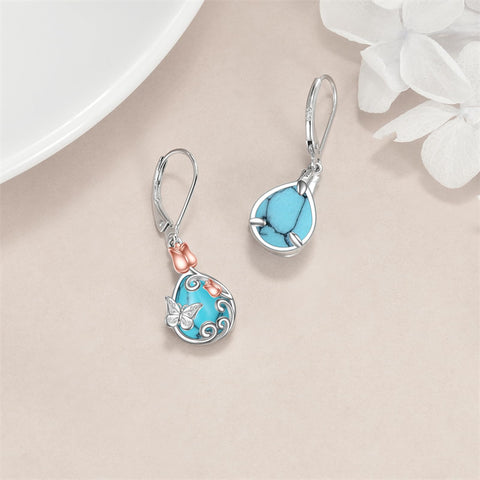 Sterling Silver Teardrop Quartz  Blue Sandstone Moonstone Turquoise Rose Filigree Leverback Earrings