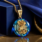 14K Gold Plated Blue Crystal Saint Protection Pendant Necklace Amulet Baptism Gift
