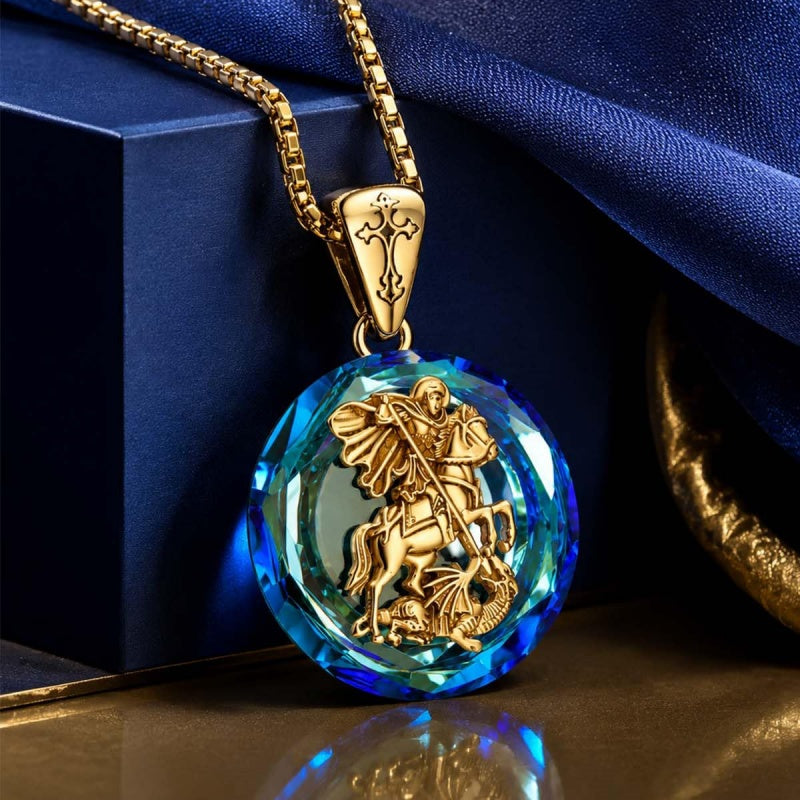 14K Gold Plated Blue Crystal Saint Protection Pendant Necklace Amulet Baptism Gift