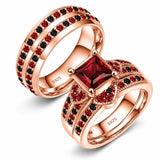 Sterling Silver 10K 14K 18K Gold Personalized Engraved  Halloween Dark Red Gemstone Couple Ring Set