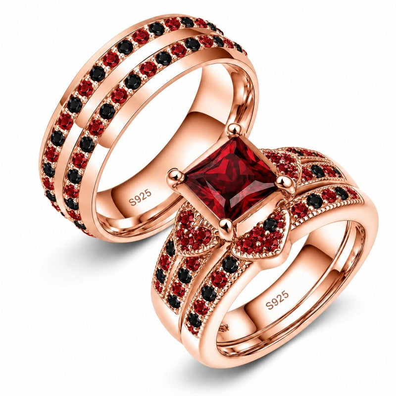 Sterling Silver 10K 14K 18K Gold Personalized Engraved  Halloween Dark Red Gemstone Couple Ring Set