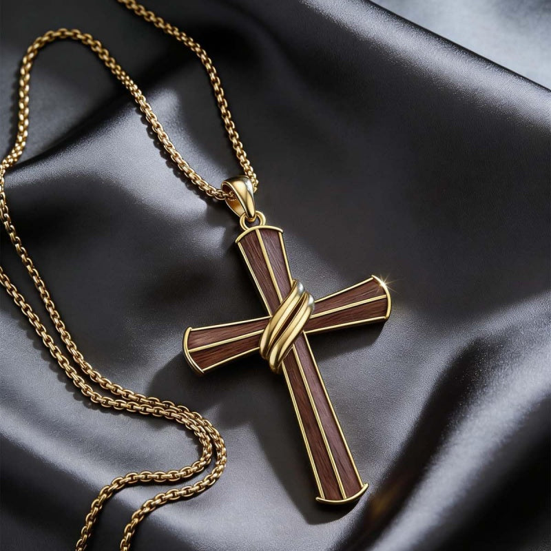 14K Gold Plated Wooden Cross Pendant Necklace Christian Catholic Jewelry Religious Gift