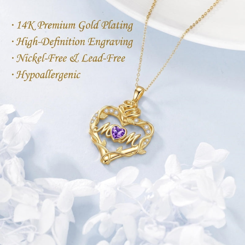14K Gold Plated Heart Birthstone Rose Mom Butterfly Pendant Necklace for Women
