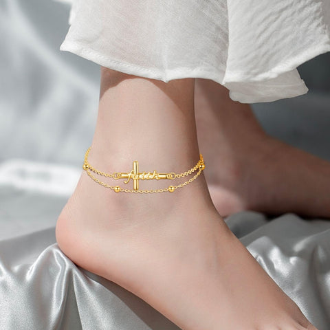 14K Gold Plated  Faith Cross Religious  Double Layered Anklet