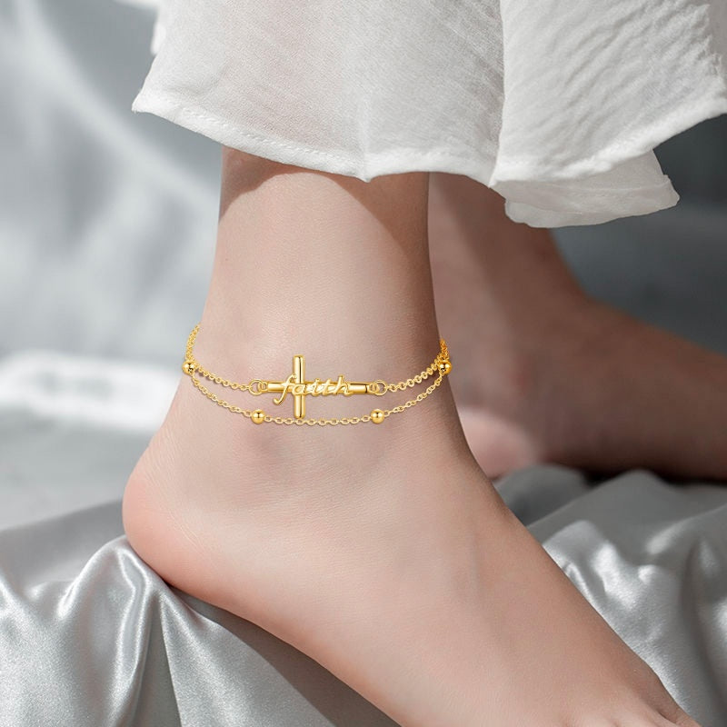 14K Gold Plated  Faith Cross Religious  Double Layered Anklet