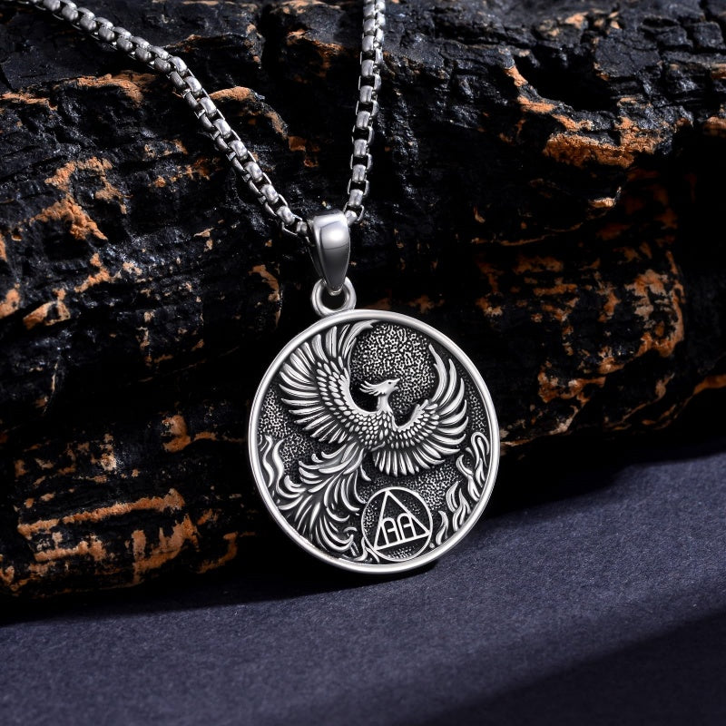 Sterling Silver Phoenix Rising Pendant Necklace NA/AA Sobriety Jewelry