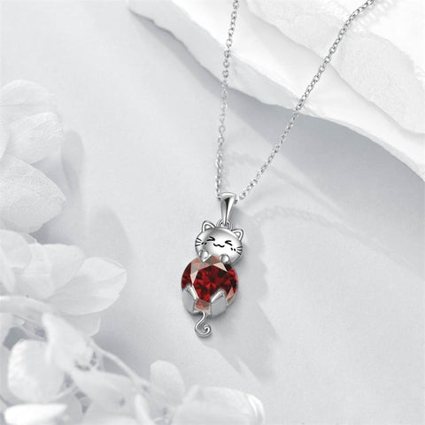 Silver Cat 12 Month Birthstone Pendant Necklace