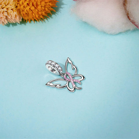 Sterling Silver Cubic Zirconia Butterfly Breast Cancer Awareness Charm Beads