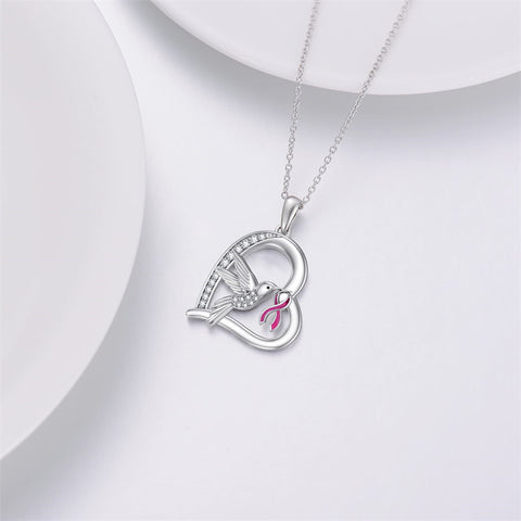 Sterling Silver Cubic Zircon Hummingbird Cancer Awareness Pendant Necklace Gifts for Women