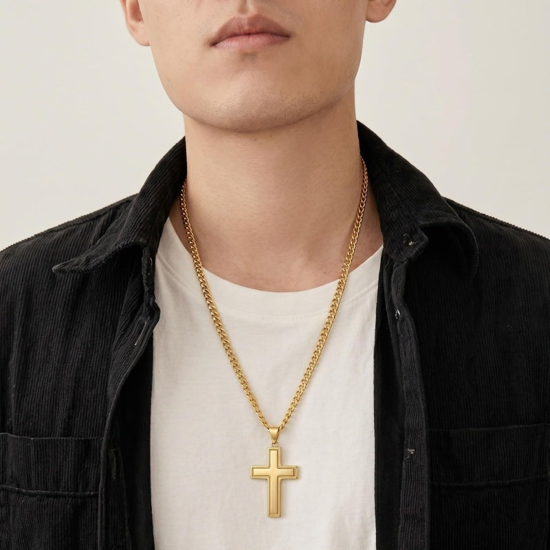 Cross Pendant Necklace for Men 14K Gold Plated Minimalist Christian Jewelry Religious Gift
