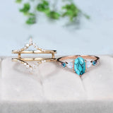 Sterling Silver 10K 14K 18K Gold Turquoise Engagement  Wedding Ring Set for Women