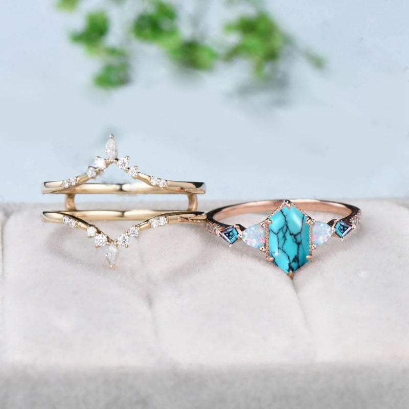 Sterling Silver 10K 14K 18K Gold Turquoise Engagement  Wedding Ring Set for Women