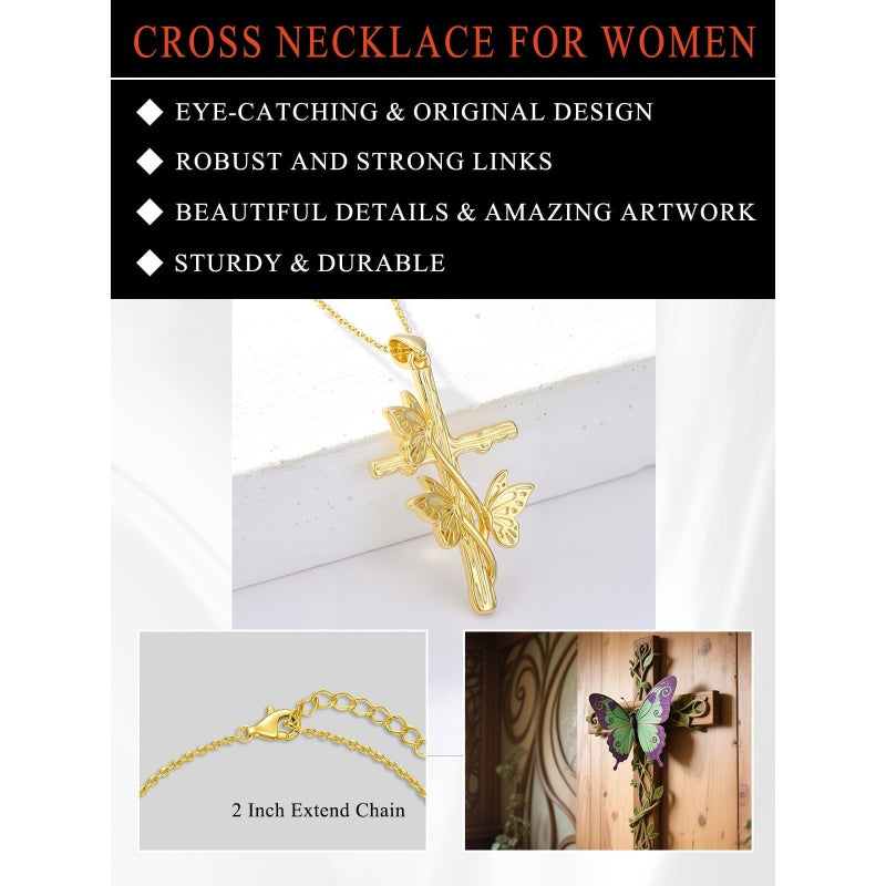 14K Gold Plated Cross Pendant Necklace for Women