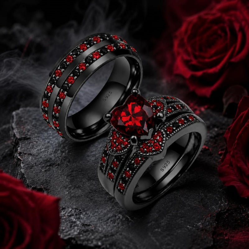 Sterling Silver 10K 14K 18K Gold Personalized Engraved  Halloween Dark Red Gemstone Couple Ring Set