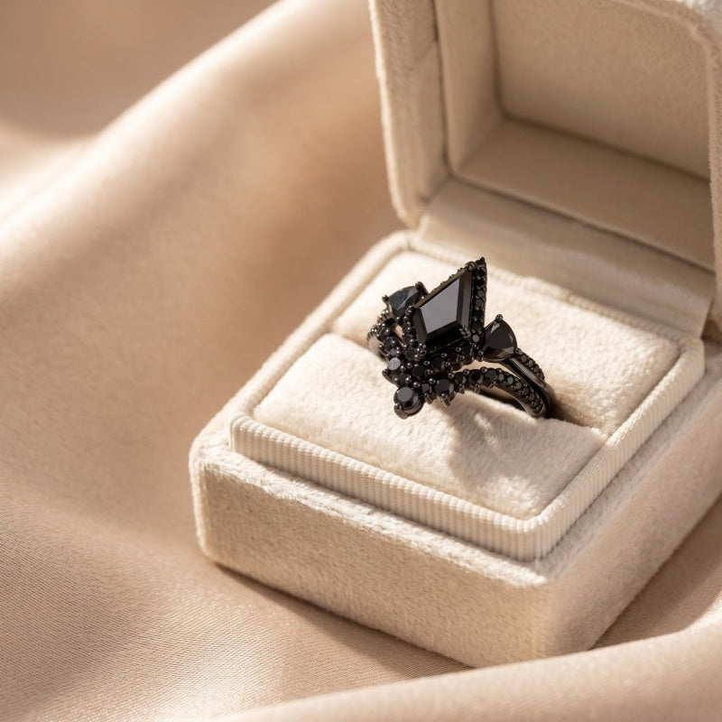 Sterling Silver 10K  14K  18K Gold 1CT-4CT Black Onyx Engagement Ring Gothic Wedding Promise Ring
