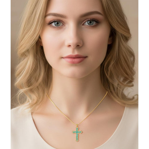 14K Gold Plated Turquoise  Abalone Shell Malachite Wood Filigree Cross Pendant Necklace