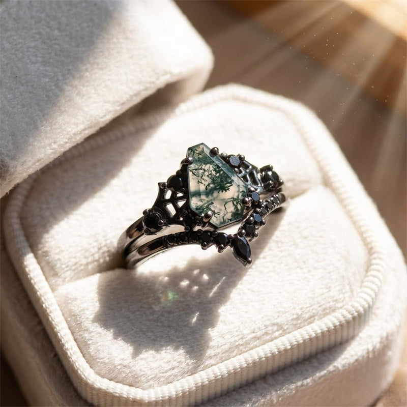 Sterling Silver 10K 14K  18K Gold Personalized Engraved Moss Agate Gothic Promise Wedding Engagement Black Ring Set