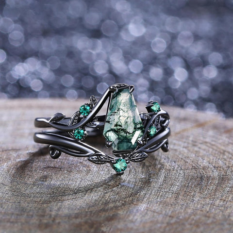Sterling Silver 2CT Moss Agate  Engagement Wedding Ring Sets for Women