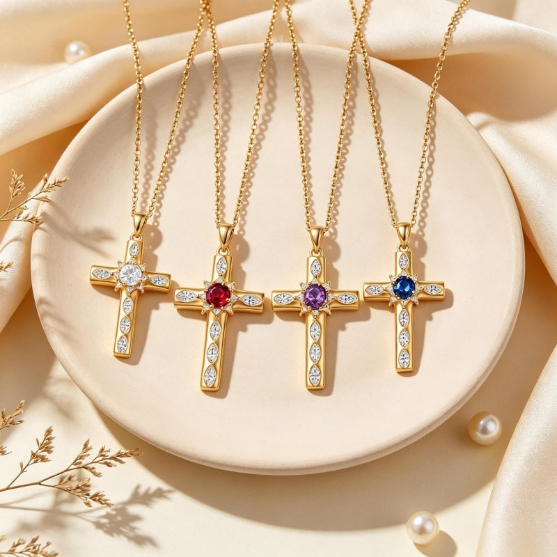 14K Gold Plated Birthstone Infinity  Cross Pendant NecklaceJewelry for Women