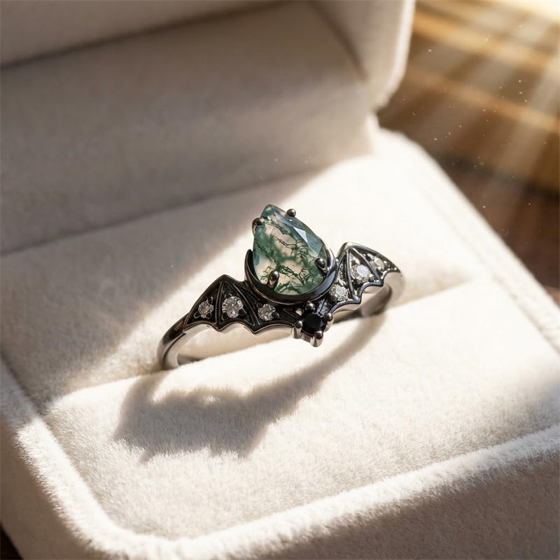 Sterling Silver 10K 14K  18K Gold Personalized Engraved Moss Agate Gothic Promise Wedding Engagement Black Ring Set