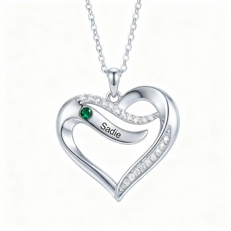 10K 14K 18K Gold  Personalized 1-4 Birthstones Engraved Heart Necklace for Women