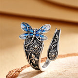 Sterling Silver Adjustable  Sunflower& Dragonfly  Spoon Ring