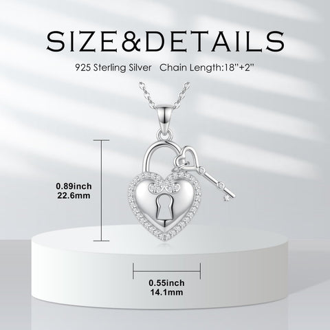 Sterling Silver Key Padlock Heart Key Lock Pendant Love Necklace Jewelry for Women Valentine's Day Birthday Gift