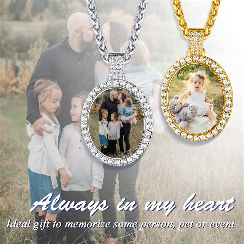 Copper Cubic Zirconia Oval Personalized Photo Engraved Pendant Necklace