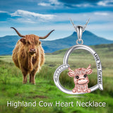 Sterling Silver Heart Highland Cow Pendant Necklace