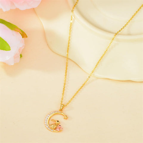 14K Gold Moon Cat Dog Rabbit Pendant Necklace