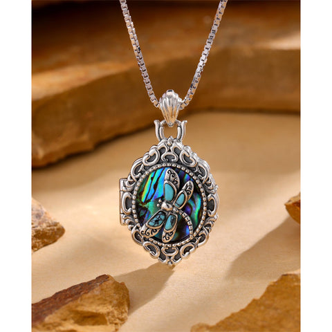 Sterling Silver Turquoise Abalone Shell Dragonfly Photo Locket Necklace