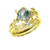 10K 14K 18K Gold Heart Shaped Natural Moss Agate Engagement Ring Set