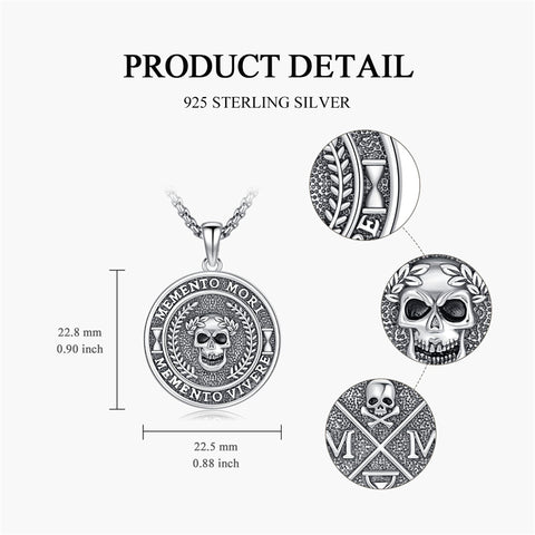 Sterling Silver Gothic Skull Memento Mori Pendant Necklace