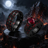 Sterling Silver 10K 14K 18K Gold Personalized Engraved  Halloween Dark Red Gemstone Couple Ring Set