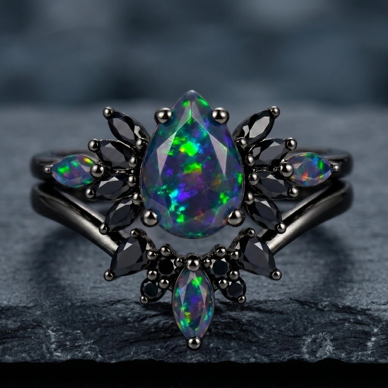 Sterling Silver 10K  14K  18K  Gold Personalized Engraved Black Opal Engagement Wedding Promise Ring for Her