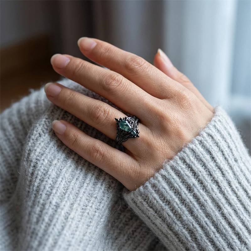 Sterling Silver 10K 14K  18K Gold Personalized Engraved Moss Agate Gothic Promise Wedding Engagement Black Ring Set
