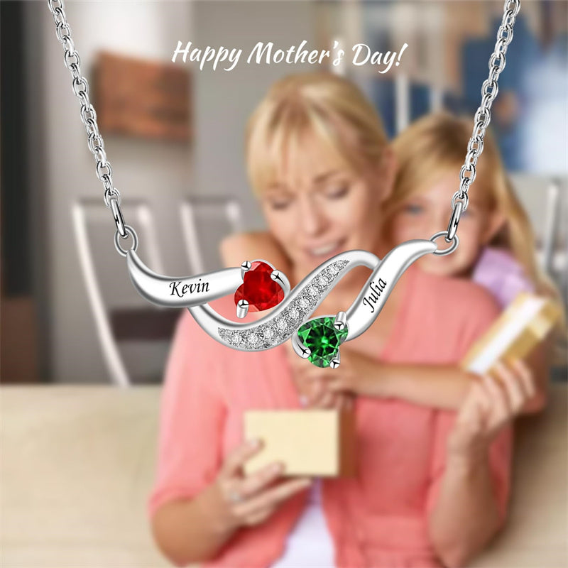 Sterling Silver Personalized Birthstone Name Wave Pendant Family Necklace