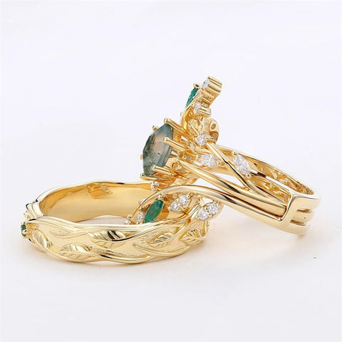 Sterling Silver10K 14K 18K Gold Natural Moss Agate Branch Leafy Engagement Ring Set For Couples