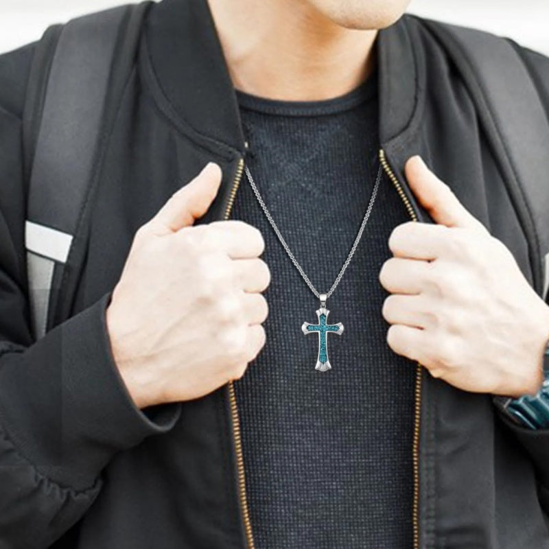 14K Gold Plated Turquoise Malachite Abalone Shell Cross Pendant Necklace for Men