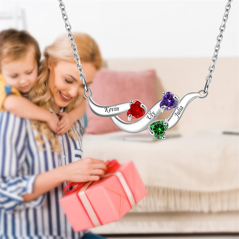Sterling Silver Personalized Birthstone Name Wave Pendant Family Necklace