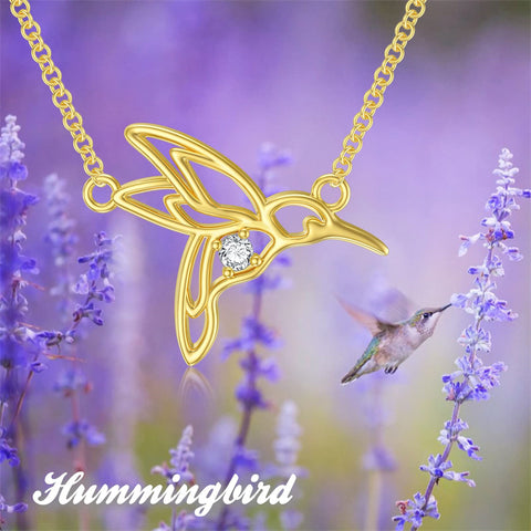 14K Yellow Gold Cubic Zirconia Hummingbird  Pendant Necklace