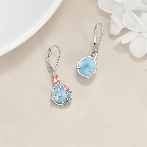 Sterling Silver Teardrop Quartz  Blue Sandstone Moonstone Turquoise Rose Filigree Leverback Earrings