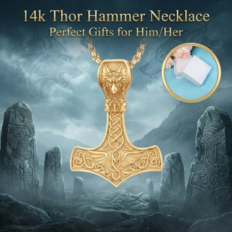 14K Gold Plated Celtic Knot Viking Thor Hammer Pendant Necklace