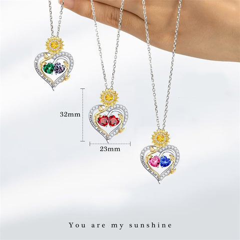 Sterling Silver Double Heart Birthstone Sunflower Necklace Engraved with You Are My Sunshine